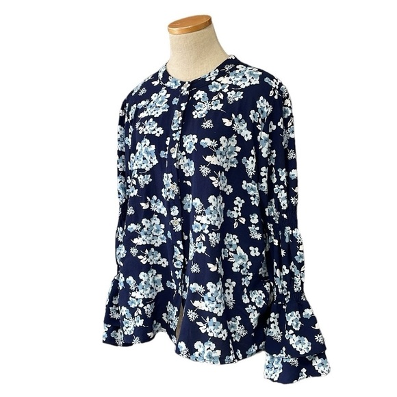 Michael Kors Blouse Top Shirt Womens XL Extra Large Blue Floral Button Peasant - Picture 3 of 14